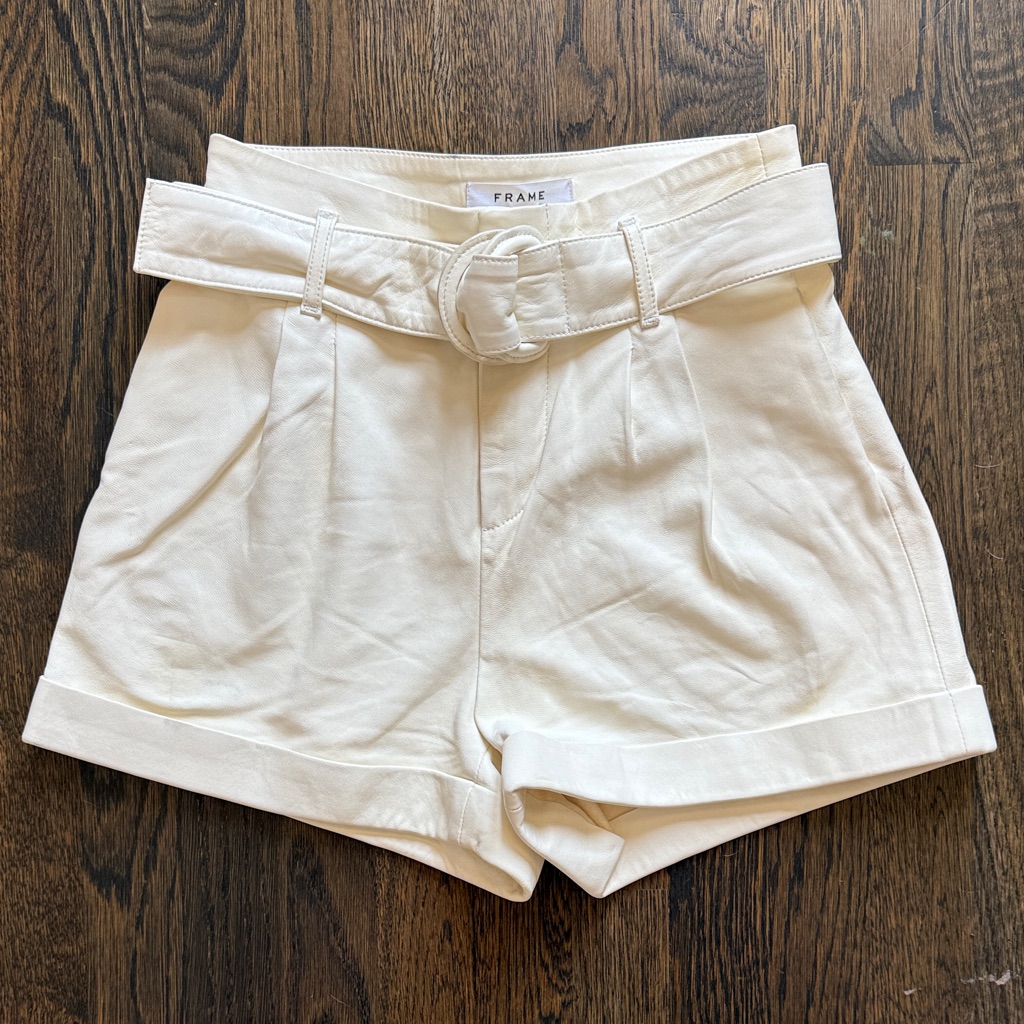 Frame Lamb Leather Butter Cream High-Rise Paperbag Belted Shorts
